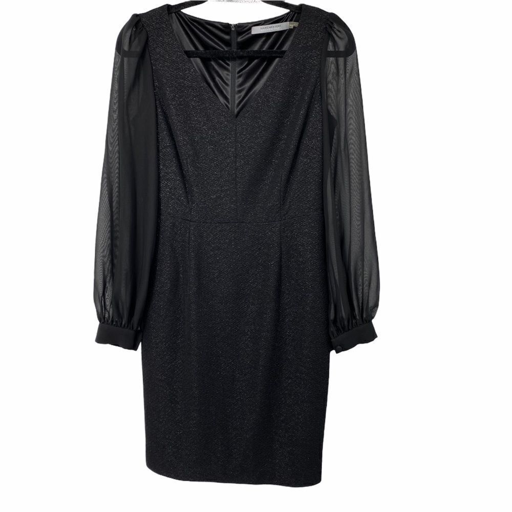 Marc New York Black V Neck Sheer Long‎ Sleeve Dress Womens 4